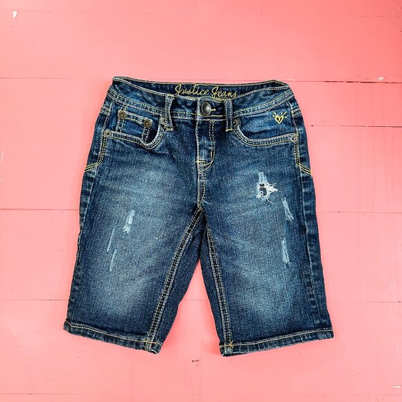 Justice Other - Justice Jean Shorts Long Length Dark Denim Frayed Holes Girls Size 7 Regular